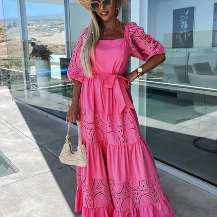 Women's Woven Square Neck Hollow Crochet Mosaic Loose Long Dress