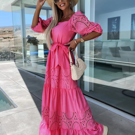 Women's Woven Square Neck Hollow Crochet Mosaic Loose Long Dress