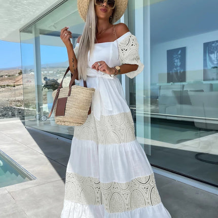 Women's Woven Square Neck Hollow Crochet Mosaic Loose Long Dress