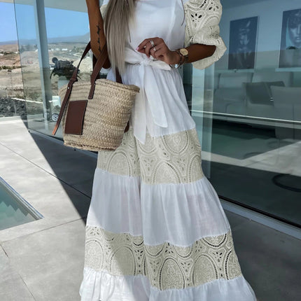 Women's Woven Square Neck Hollow Crochet Mosaic Loose Long Dress