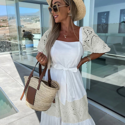 Women's Woven Square Neck Hollow Crochet Mosaic Loose Long Dress