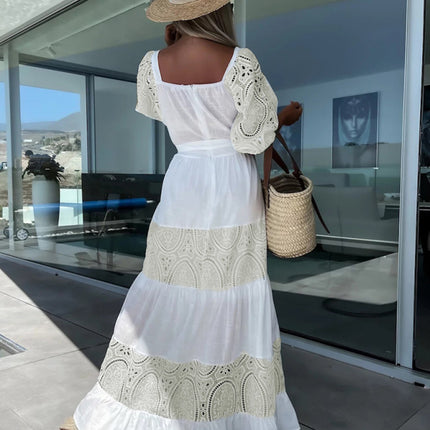 Women's Woven Square Neck Hollow Crochet Mosaic Loose Long Dress