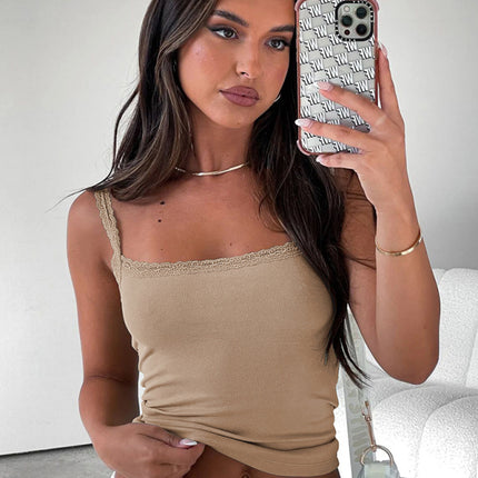 Sexy Versatile Slim Short Lace Stitching Pure Color Tank