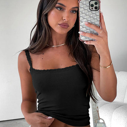 Sexy Versatile Slim Short Lace Stitching Pure Color Tank
