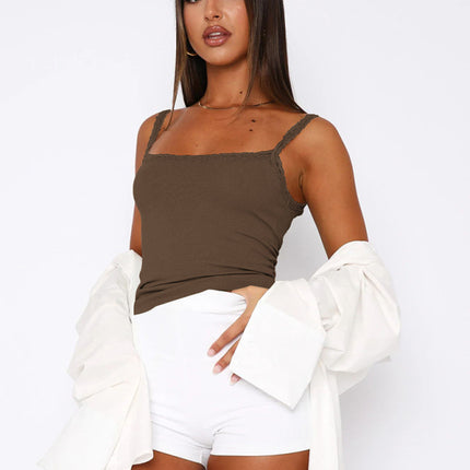 Sexy Versatile Slim Short Lace Stitching Pure Color Tank