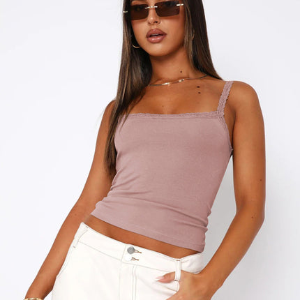 Sexy Versatile Slim Short Lace Stitching Pure Color Tank