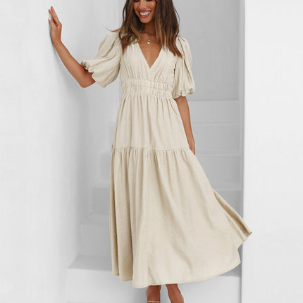 Holiday Style Deep V Puff Sleeve Dress