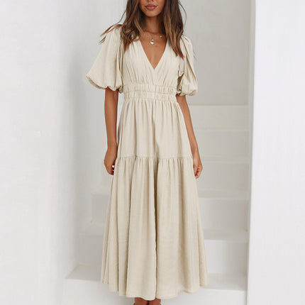 Holiday Style Deep V Puff Sleeve Dress