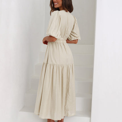 Holiday Style Deep V Puff Sleeve Dress