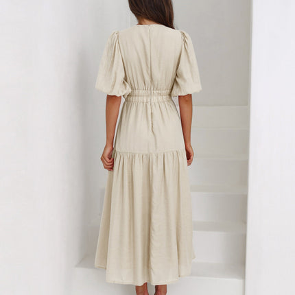 Holiday Style Deep V Puff Sleeve Dress