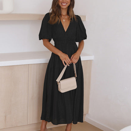 Holiday Style Deep V Puff Sleeve Dress