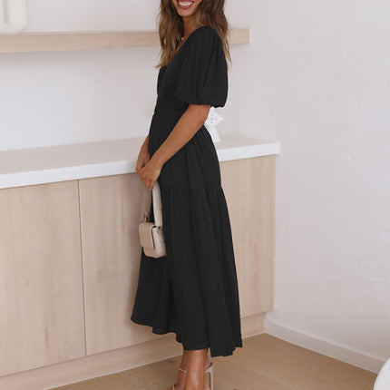 Holiday Style Deep V Puff Sleeve Dress