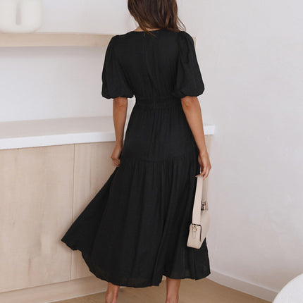 Holiday Style Deep V Puff Sleeve Dress