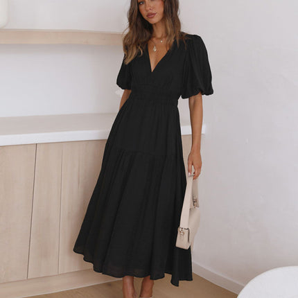 Holiday Style Deep V Puff Sleeve Dress