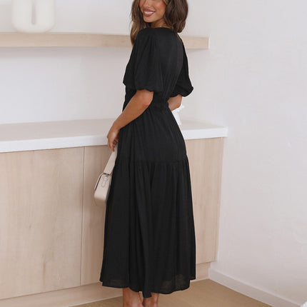 Holiday Style Deep V Puff Sleeve Dress