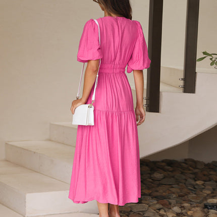 Holiday Style Deep V Puff Sleeve Dress