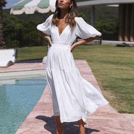 Holiday Style Deep V Puff Sleeve Dress