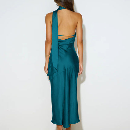 Satin Design Slit Dress Sexy Backless Evening Gown