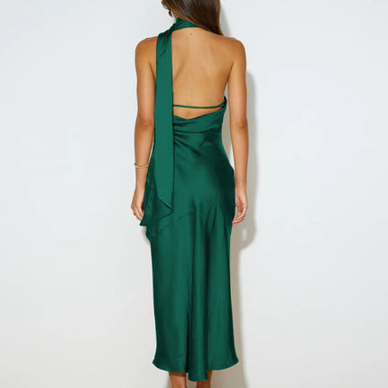 Satin Design Slit Dress Sexy Backless Evening Gown