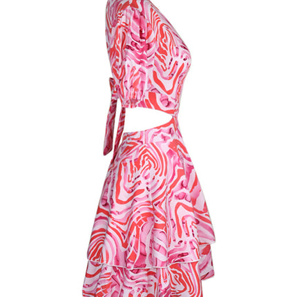 Women's Woven Round Neck Hollow Backless Ties Abstract Print Dress