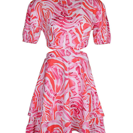 Women's Woven Round Neck Hollow Backless Ties Abstract Print Dress