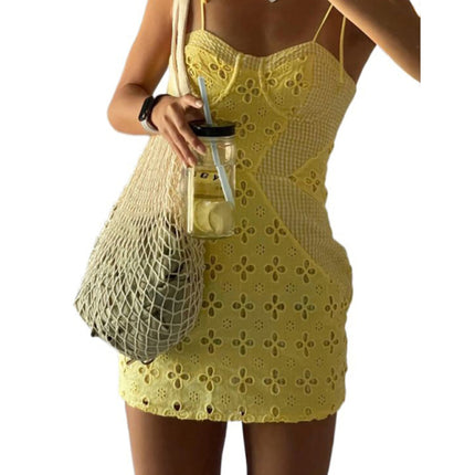 Embroidered flower plus plaid stitching double-layer strappy shoulder zipper dress