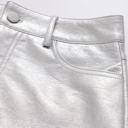 New Spice Girl Style High Waist Silver Short Leather Skirt Skirt