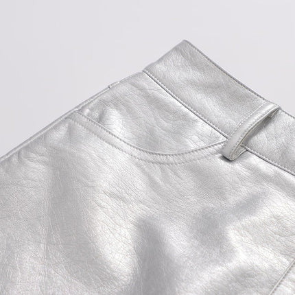 New Spice Girl Style High Waist Silver Short Leather Skirt Skirt