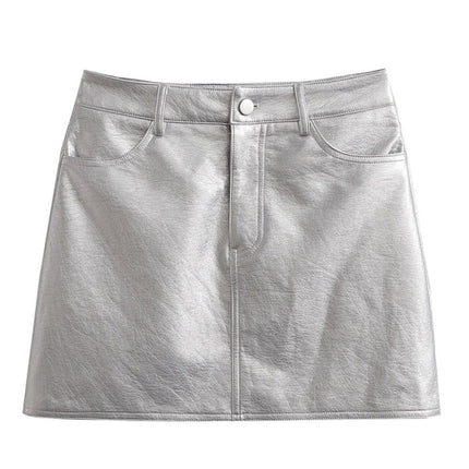 New Spice Girl Style High Waist Silver Short Leather Skirt Skirt