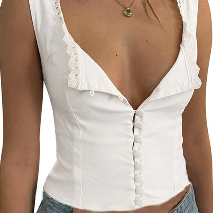 Sling lace square collar button vest design casual all-match solid color top