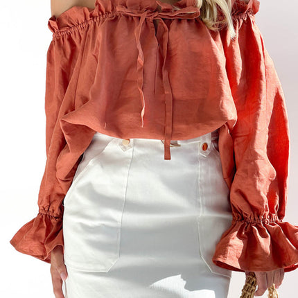 Elegant Bandage Loose Casual One Shoulder Balloon Sleeve Top