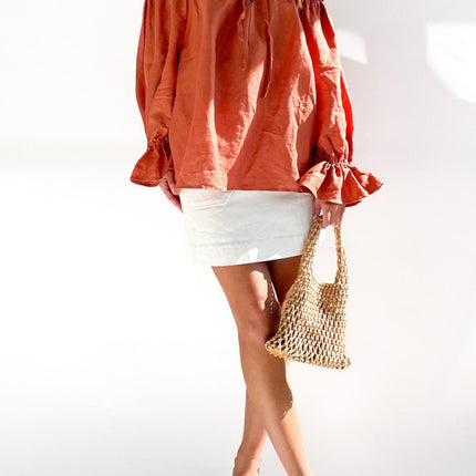 Elegant Bandage Loose Casual One Shoulder Balloon Sleeve Top