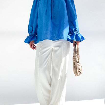 Elegant Bandage Loose Casual One Shoulder Balloon Sleeve Top