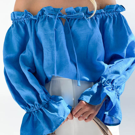 Elegant Bandage Loose Casual One Shoulder Balloon Sleeve Top