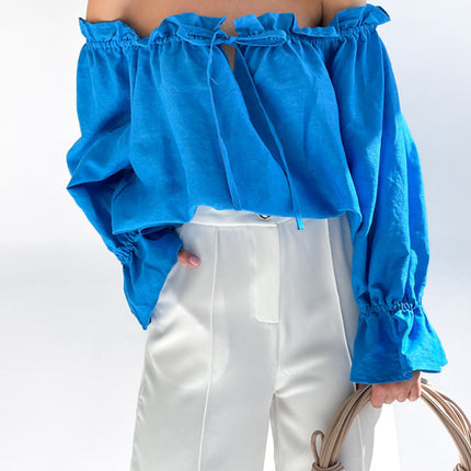 Elegant Bandage Loose Casual One Shoulder Balloon Sleeve Top