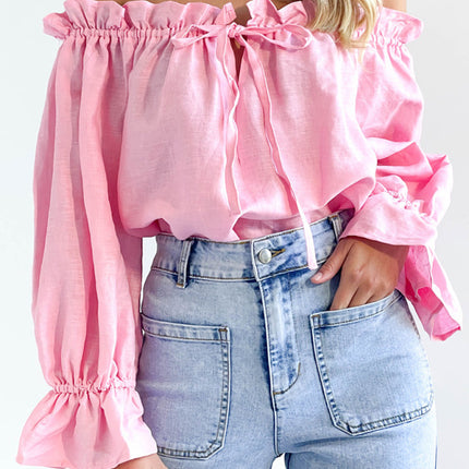 Elegant Bandage Loose Casual One Shoulder Balloon Sleeve Top