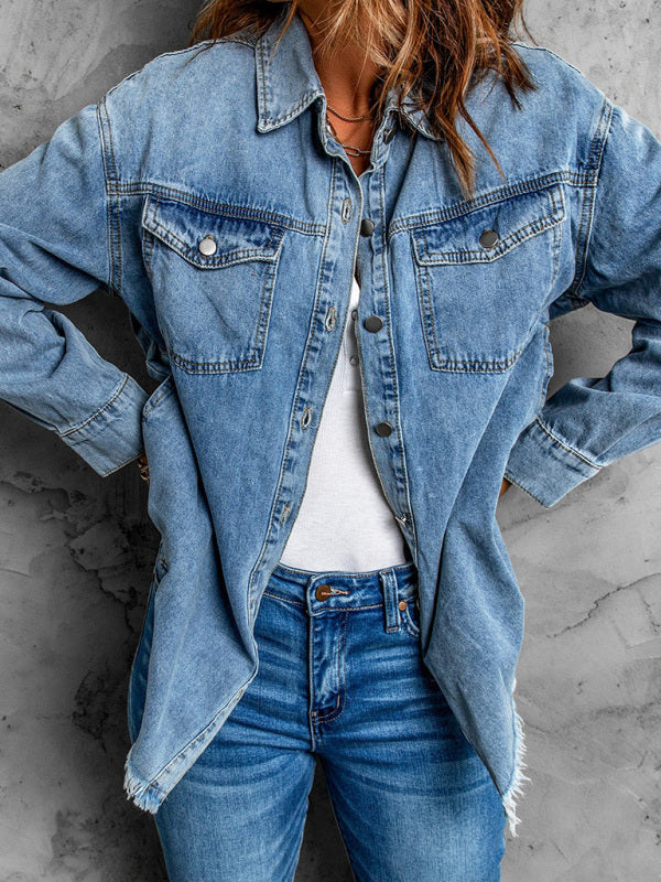 Street trendy denim lapel loose type simple blouse