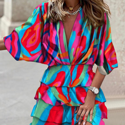 Dolman sleeve V-neck print irregular hem dress