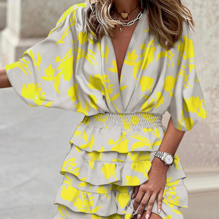 Dolman sleeve V-neck print irregular hem dress