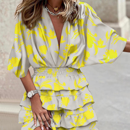 Dolman sleeve V-neck print irregular hem dress