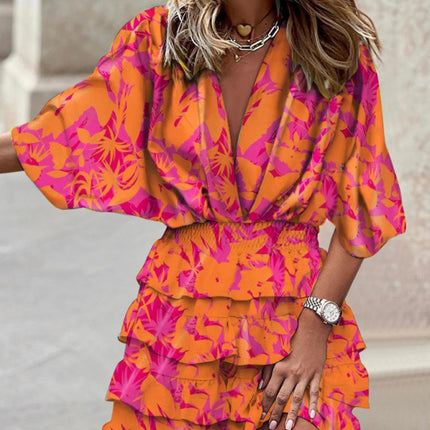 Dolman sleeve V-neck print irregular hem dress