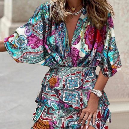 Dolman sleeve V-neck print irregular hem dress