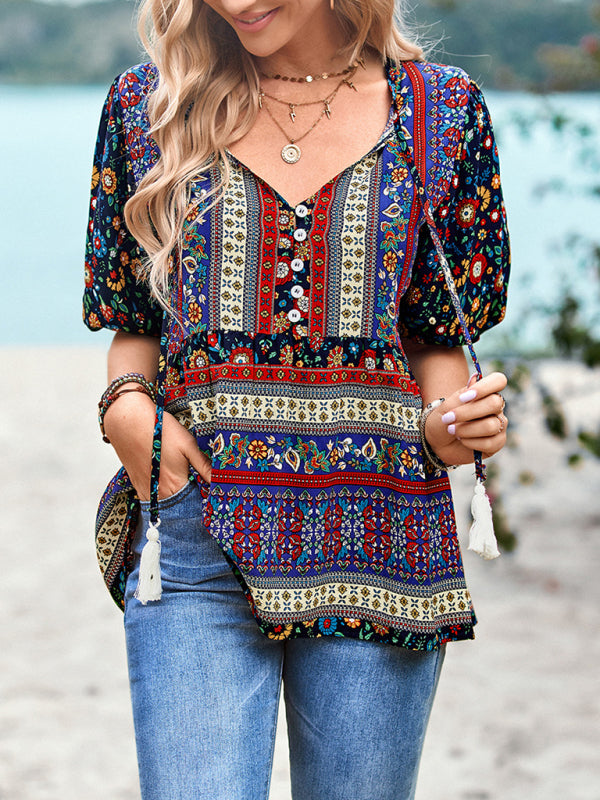 New Ladies Casual Bohemian Printed Shirt Top