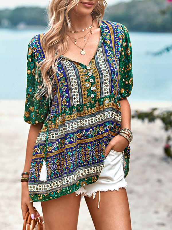 New Ladies Casual Bohemian Printed Shirt Top