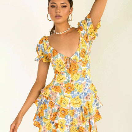 Fashion Sexy Slim Chest Tie Short Sleeve Printed Dress Female Skirt