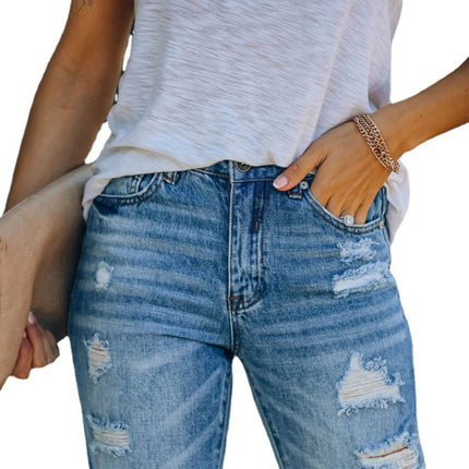 Ripped skinny denim cropped straight leg washed casual pants