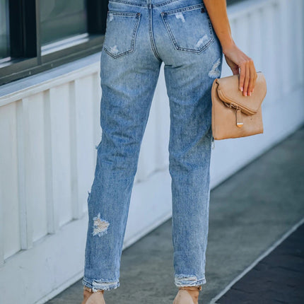 Ripped skinny denim cropped straight leg washed casual pants