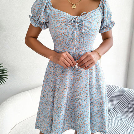 Casual Bell Sleeve Drawstring Tie Floral Swing Dress