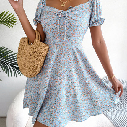 Casual Bell Sleeve Drawstring Tie Floral Swing Dress