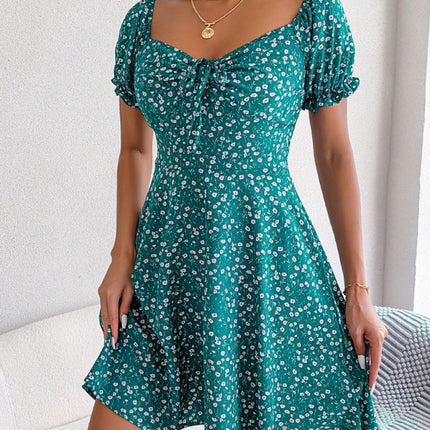 Casual Bell Sleeve Drawstring Tie Floral Swing Dress